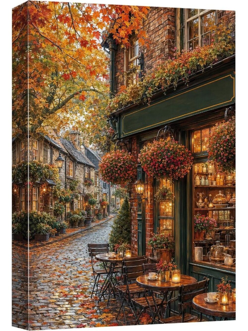 Vintage European Autumn Town Canvas Wall Art - Colorful Cafe Decor for Home